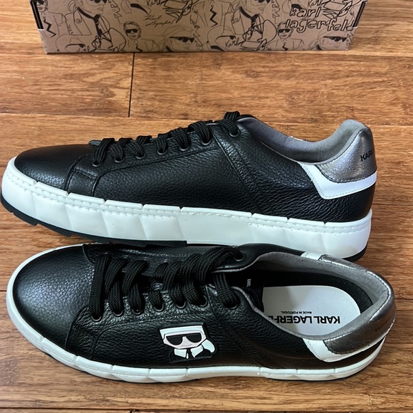 NEW * DESIGNER* KARL LAGERFELD Black Leather Sneaker sz 10.5 / 43.5 - Picture 4 of 7